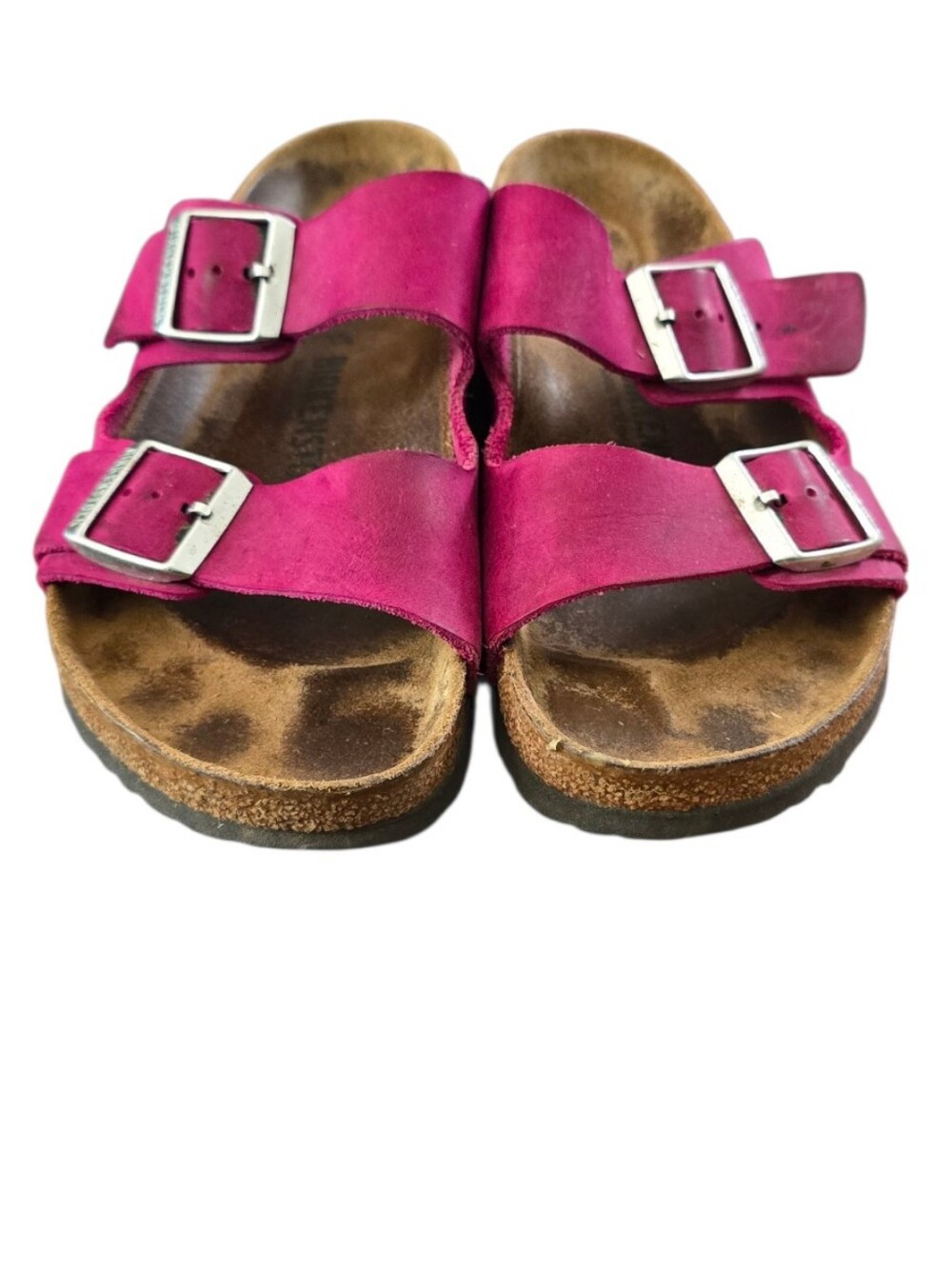 Birkenstock Arizona Fuchsia Oiled Leather Double-Buckle Slide Sandal Size 39/8 W - Picture 2 of 7